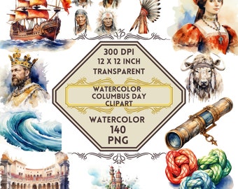 140 Watercolor Columbus Day Clipart Bundle Set | Discovery of America Columbus day, School PNG Clipart, Activity Set For Kids