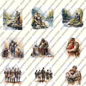 May include: A set of six watercolor paintings depicting scenes of knights in armor, a man and woman embracing, and a group of men standing together. The paintings are done in a realistic style with a soft, muted color palette.