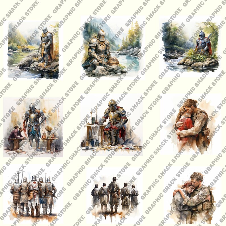 May include: A set of six watercolor paintings depicting scenes of knights in armor, a man and woman embracing, and a group of men standing together. The paintings are done in a realistic style with a soft, muted color palette.