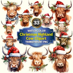 33 Watercolor Christmas Highland Cow Clipart | Highland Cow PNG Baby Highland Cow Bundle |  Transparent Background Commercial Use
