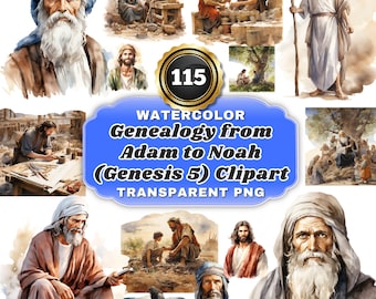 115 Watercolor Genealogy from Adam to Noah (Genesis 5) PNG Clipart, Ancestral Lineage Bible Story For Religious Education & Art Projects