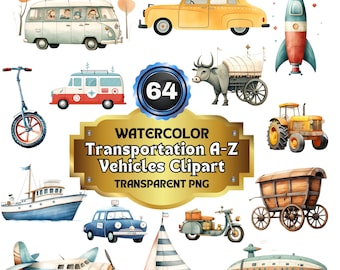 64 Watercolor Transportation A-Z Cliparts - Journey Alphabet Series: Diverse Vehicle Illustrations for Educational Projects, Art & Decor