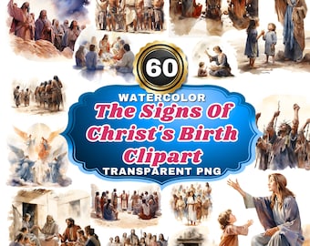 60 Watercolor Signs of Christ's Birth PNG Cliparts - Inspirational The Nativity Scenes for Crafting & Religious Education
