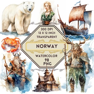 以下が含まれることがあります： ノルウェーの文化を描いた水彩画のイラスト。ホッキョクグマ、バイキング、伝統的な木造教会、船、カニ、伝統的な服装をした女性などが描かれている。イラストは白い背景に、"ノルウェー 水彩画 98 PNG"と書かれた装飾的なフレームで囲まれている。