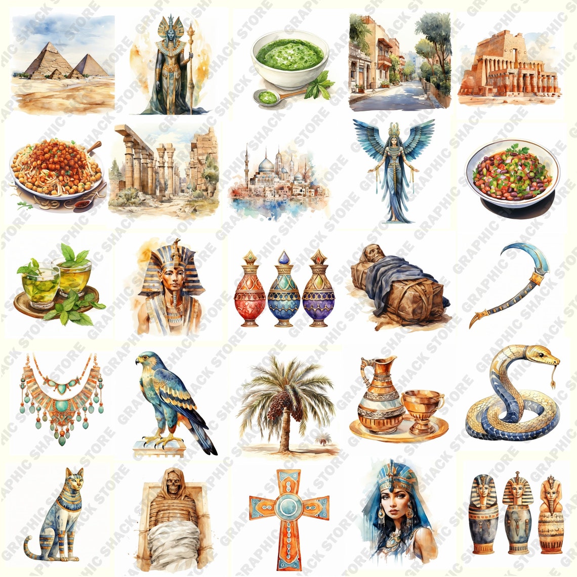 107 Watercolor Egypt PNG Clipart Bundle, Egypt Travel, Ancient Egyptian ...