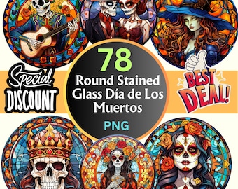 78 Round Stained Glass Día de Los Muertos PNG Designs For Sublimation | Mexican Halloween Car Coaster Wrap, Sugar Skull Digital PNG