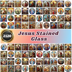Könnte beinhalten: Eine Collage aus 64 Buntglasbildern, die Szenen aus dem Leben Jesu Christi darstellen. Die Bilder sind in einem Raster angeordnet und zeigen eine Vielzahl von Farben, darunter Blau, Rot, Grün und Gelb. Der Titel "Jesus Stained Glass" ist oben auf der Collage dargestellt.