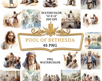 45 Watercolor Pool of Bethesda Clipart | Christian Religious Bible Based Story For Sublimation, Scrapbooking Junk journal Or Digital Print