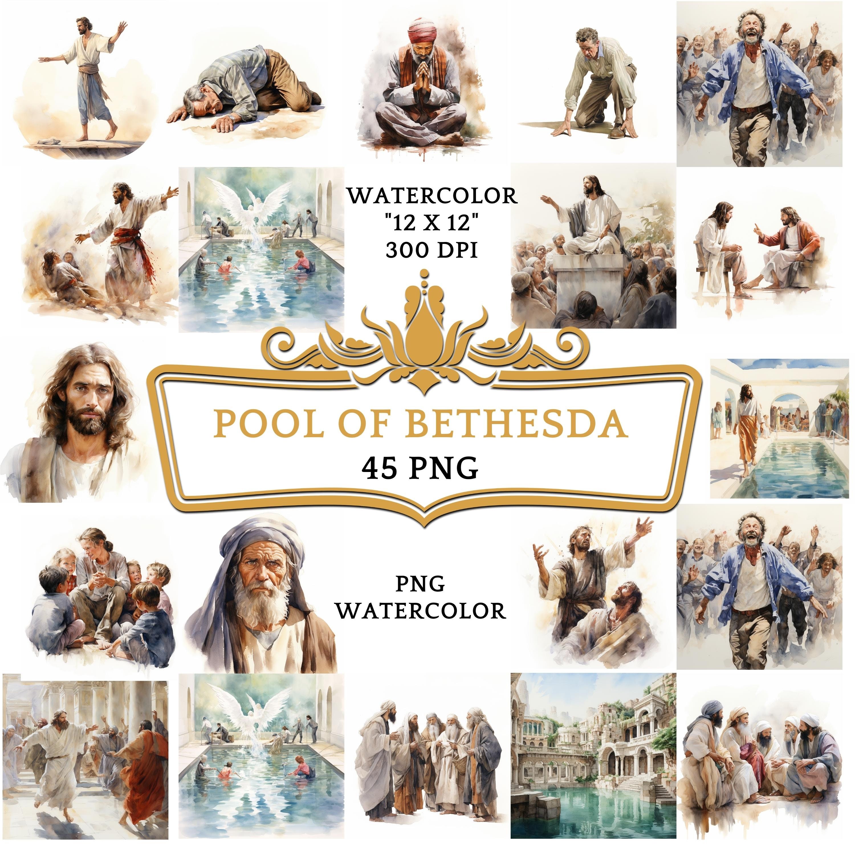 45 Watercolor Pool of Bethesda Clipart | Christian Religious Bible Based Story For Sublimation, Scrapbooking Junk journal Or Digital Print