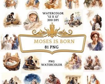 81 Watercolor Moses is Born Clip Art | Christian Religious Bible Based Story For Sublimation Scrapbooking, Junk journal Or Digital Printing