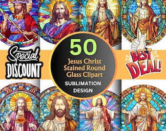50 ronde gebrandschilderd glas Jezus Christus clipart PNG ontwerpen voor sublimatie, digitaal papier gebrandschilderd glas, Jezus Christus muur kunst T-shirt ontwerp