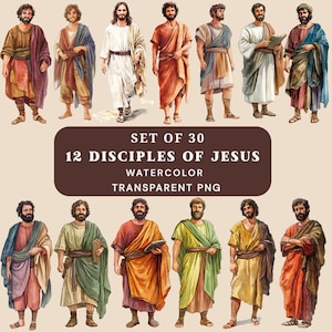 30x Twelve Disciples of Jesus PNG Bundle, Watercolor Bible Characters, Christian Clipart, Apostles of Christ Illustration Set