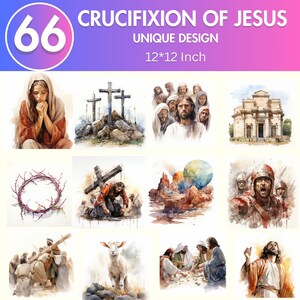 May include: A collection of watercolor illustrations depicting scenes from the Crucifixion of Jesus. The images include depictions of Jesus, crosses, and other religious figures. The text "CRUCIFIXION OF JESUS UNIQUE DESIGN 12*12 Inch" is displayed at the top.