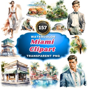 157 Watercolor Miami Clipart PNG Bundle, Lively Sunshine City Beach and Skyline Illustrations for Tropical Decor, Art & Event Projects