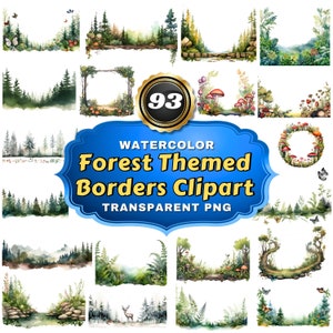 93 betoverde bos aquarelranden clipart - bosthema randontwerpen voor uitnodigingen, briefpapier en op de natuur geïnspireerde projecten