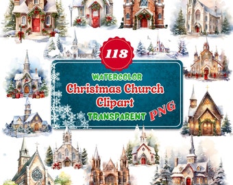 118 Watercolor Christmas Church Clipart - Winter Church Scenery Graphics, High Resolution PNG, Instant Digital Download for Commercial Use