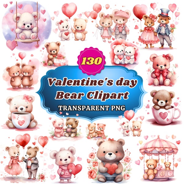 130 Watercolor Valentine's Day Bear Cliparts, Bear Hugs Collection: Charming and Affectionate Bear Illustrations for Romantic Crafts & Gifts