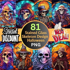 81 Stained Glass Skeleton Halloween Stained Glass Skeleton Halloween PNG Designs for Sublimation Card Making, Paper Crafting, Car Coaster