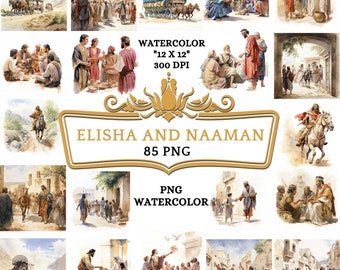 85 PNG acquerello Eliseo e Naaman Clip Art / Storia basata sulla Bibbia religiosa cristiana per Scrapbooking, diario spazzatura o stampa digitale