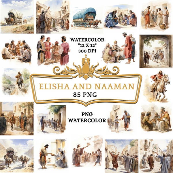85 PNG Watercolor Elisha and Naaman Clip Art | Christian Religious Bible Based Story For Scrapbooking, Junk journal Or Digital Printing