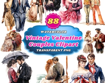 88 Vintage Valentine Couples Watercolor Clipart, Romantic Retro Lovers, Classic Love Illustrations, Nostalgic Valentine's Day Art PNG Bundle