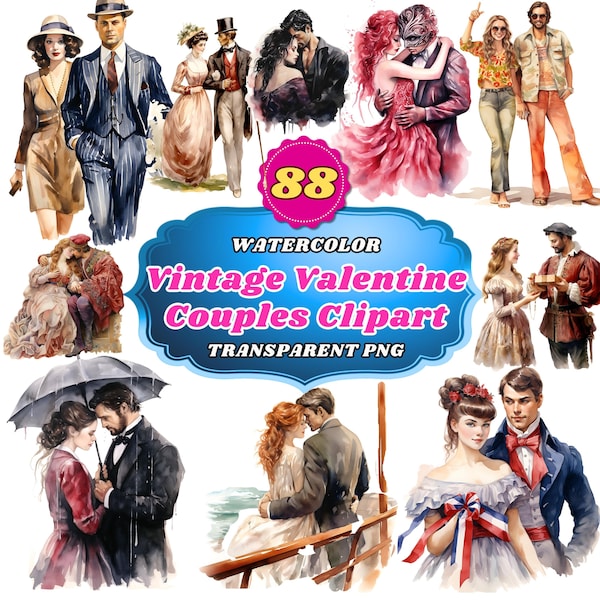 88 Vintage Valentine Couples Watercolor Clipart, Romantic Retro Lovers, Classic Love Illustrations, Nostalgic Valentine's Day Art PNG Bundle