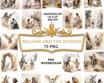 73 PNG Acquerello Balaam e l'asino Clip Art / Storia religiosa cristiana basata sulla Bibbia per scrapbooking, diario spazzatura o stampa digitale