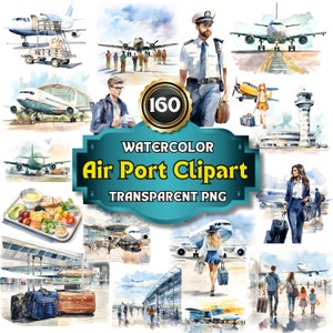 160 Watercolor Air Port Clipart Jet-Set Collection: A Traveler&#39;s Dream Bundle with Diverse Aircraft and Airport Scenes, High-Resolution PNG