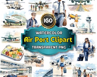 160 Watercolor Air Port Clipart Jet-Set Collection: A Traveler's Dream Bundle with Diverse Aircraft and Airport Scenes, High-Resolution PNG