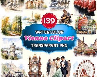 139 ClipArt PNG di Vienna in acquerello, ClipArt di viaggio estivo a Vienna, Vacanze in Austria, Clipart di viaggio da sogno, Uso commerciale