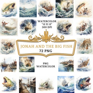 72 png-illustraties aquarel Jonah and the Big Fish | Christelijk-religieus op de bijbel gebaseerd verhaal voor scrapbooking, junkjournal of digitaal printen