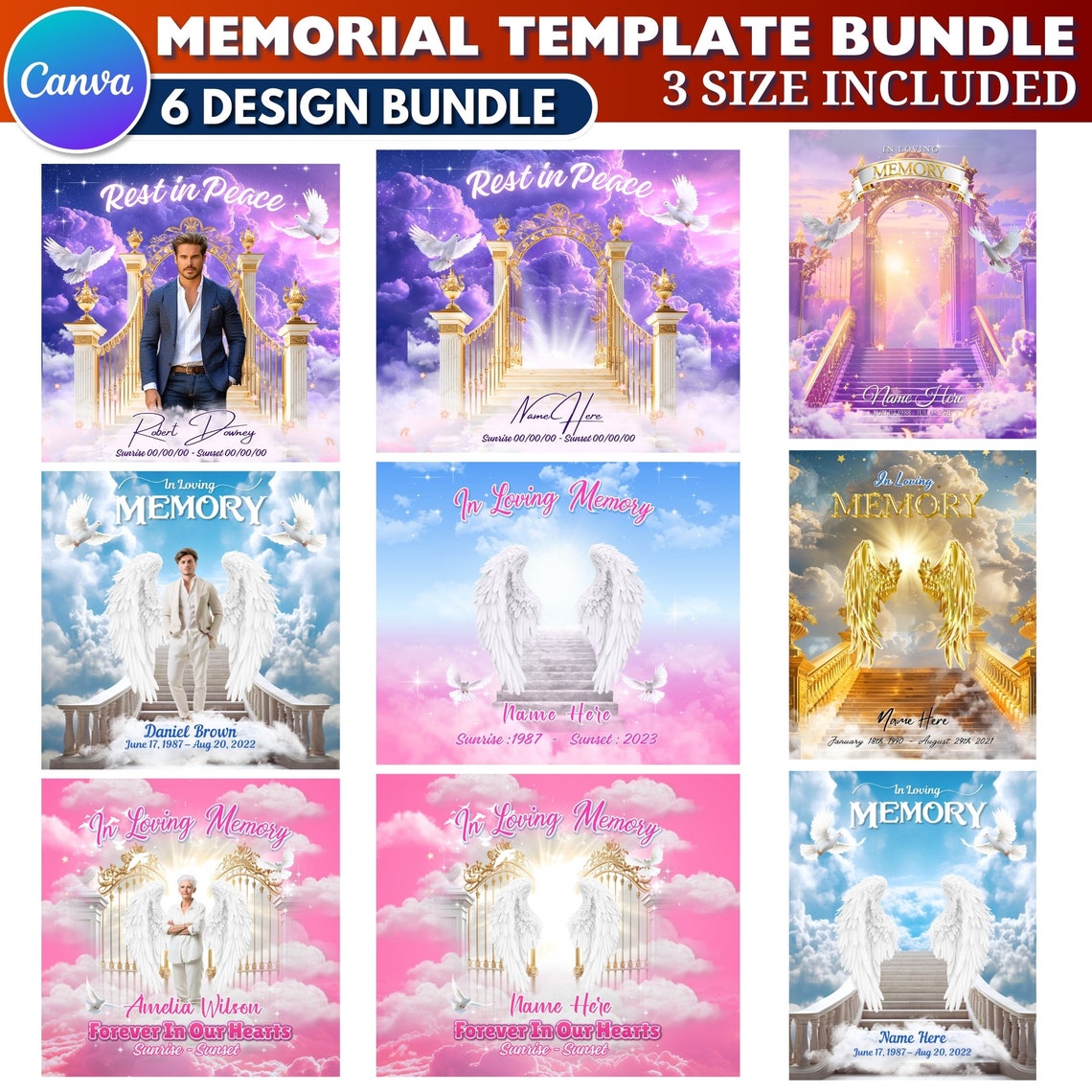Memory Rip Word Disign 6+ in Loving Memory Design, Heaven Background Template Bundle, Editable ...