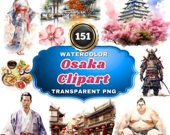 151 Watercolor Osaka Clipart PNG Bundle, Japanese Dynamic City and Cultural Landmark Illustrations for Art, Decor & Travel Projects
