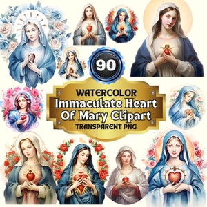 Pacchetto di 90 clipart acquerello Cuore Immacolato di Maria, arte religiosa cattolica della Vergine Maria per scrapbooking, disponibile per uso commerciale
