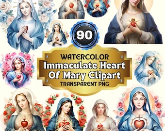 90 Watercolor Immaculate Heart Of Mary Clipart Bundle,  Religious Catholic Virgin Mary Art for Scrapbooking, Available for Commercial Use