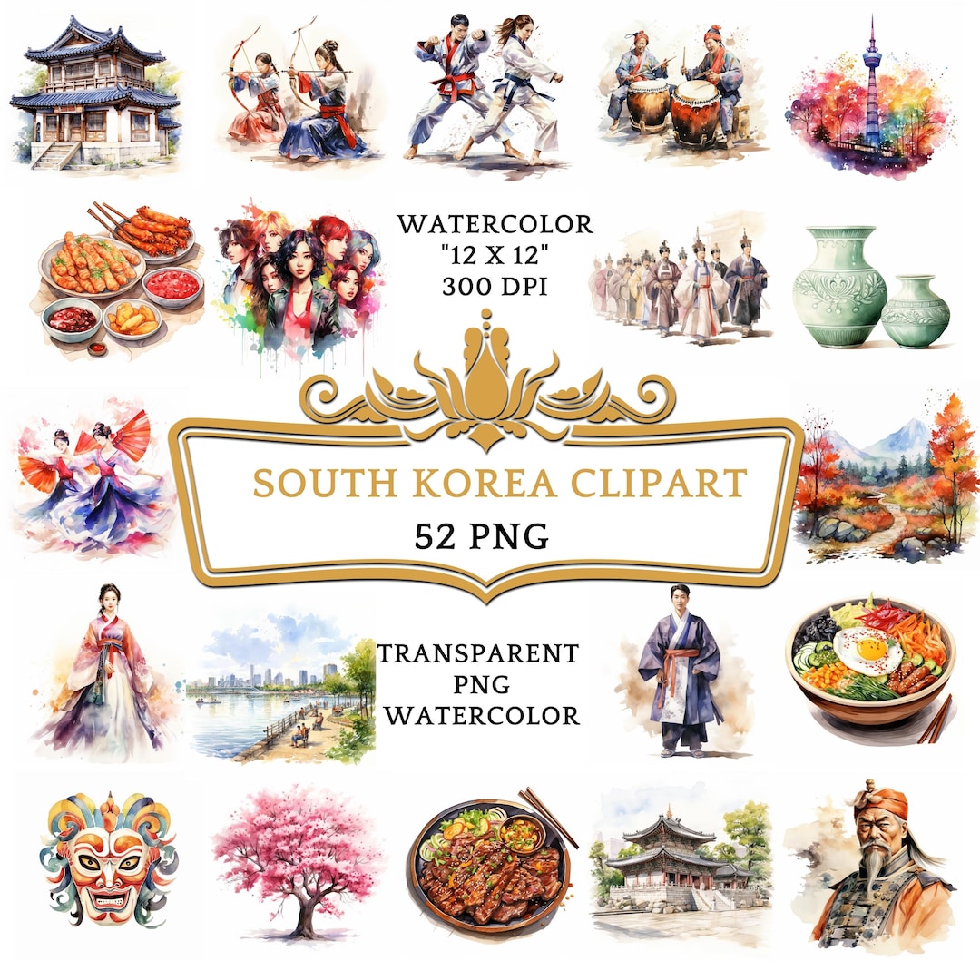 52 Watercolor South Korea PNG Clipart Bundle, Seoul Cityscape ...