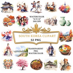 52 Aquarell Südkorea PNG ClipArt Bundle, Seoul Stadtbild, Gyeongbokgung-Palast, koreanisches Essen, traditionelles Hanbok-Kleid, Jeju Island Art