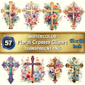 57 Cruces florales de acuarela PNG Clipart Bundle / Cross Clipart, Clipart de acuarela cruzada floral para sublimación, fabricación de tarjetas, scrapbooking