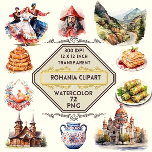 159 Watercolor Romania PNG ClipArt Bundle, Romania Travel Clipart, Transylvanian Castles, Bucharest Cityscapes, Danube Delta, Peles Castle