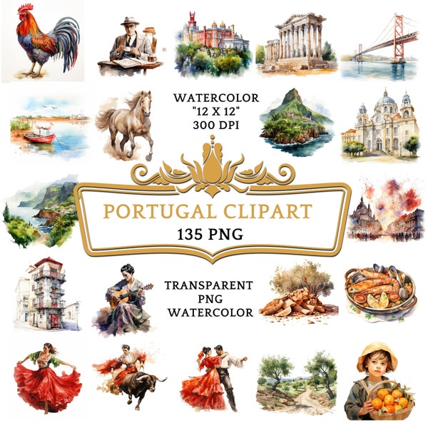 135 Watercolor Portugal PNG ClipArt Bundle, Portugal Travel Clipart, Portuguese Landmarks, Azulejo Tiles Graphics, Lisbon Cityscape Art