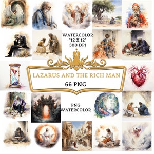 66 PNG Watercolor Lazarus and the Rich Man Clipart | Christian Religious Bible Based Story For Sublimation, Sunday School Or Digital Print