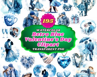 195 Retro Blue Valentine's Day Watercolor PNG Clipart Bundle- Vintage-Inspired Romantic Graphics for Crafting, Greeting Cards, & Love Tokens
