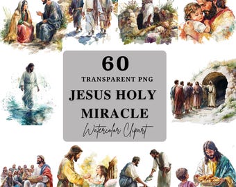 Pacchetto PNG da 60x con miracoli sacri di Gesù, clipart cristiane ad acquerello, storie della Bibbia, guarigione e insegnamenti di Cristo, set di PNG religiosi