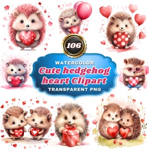 106 Clipart hérisson de la Saint-Valentin, hérisson mignon avec ensemble PNG coeurs, utilisation commerciale, pack graphique sur le thème de l’amour pour la fabrication de cartes Scrapbook