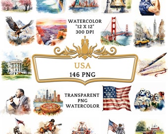 146 aquarel VS PNG ClipArt-bundel, American Dream-collectie, iconische monumenten, nationale parken, skylines van steden, jazz en bluesstranden kunst
