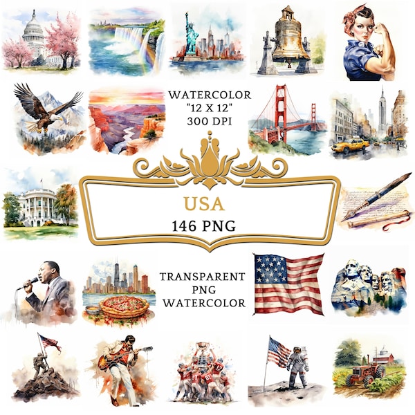 146 Watercolor USA PNG ClipArt Bundle, American Dream Collection, Iconic Landmarks, National Parks, City Skylines, Jazz & Blues Beaches Art
