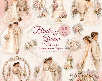 60x Watercolor Bride and Groom on Swing Clipart, Romantic Wedding Couple PNG Bundle, Whimsical Bridal Illustration Marriage Junk Journal Art
