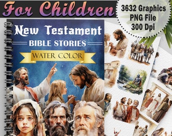 Bundel 52 Bijbelverhalen Nieuwe Testament | Aquarel Christian Story For Kids-clipartbundel | Bijbel afdrukbare illustraties | PNG: commercieel gebruik