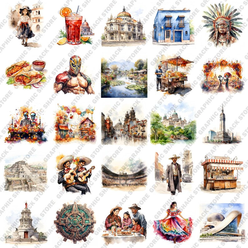 109 Watercolor Mexico City Clipart Mexico Artwork, Travel, Food