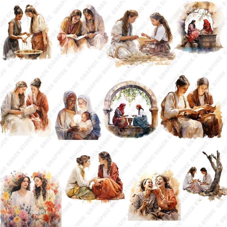 May include: A watercolour painting depicting various scenes of women interacting with each other. The scenes include women reading, sewing, talking, and caring for a baby. The painting is done in a soft, muted colour palette and has a peaceful and serene feel.